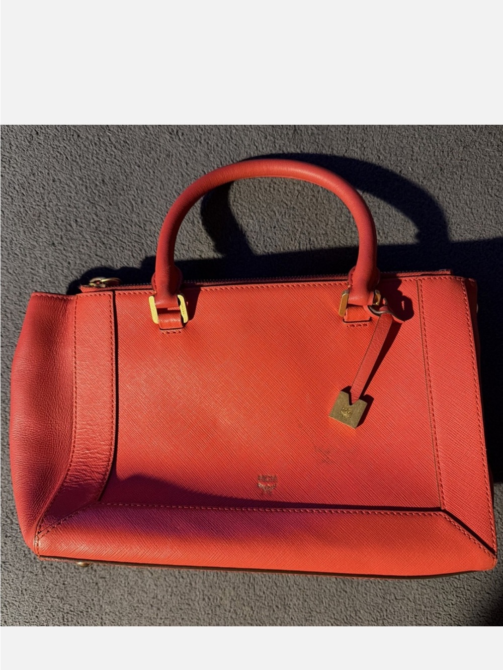 MCM Red Leather Top-Handle Satchel with Gold Hardware